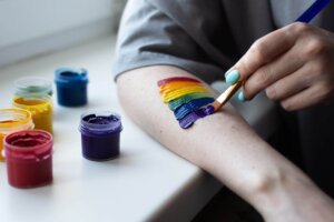 person holding blue and yellow paint brush